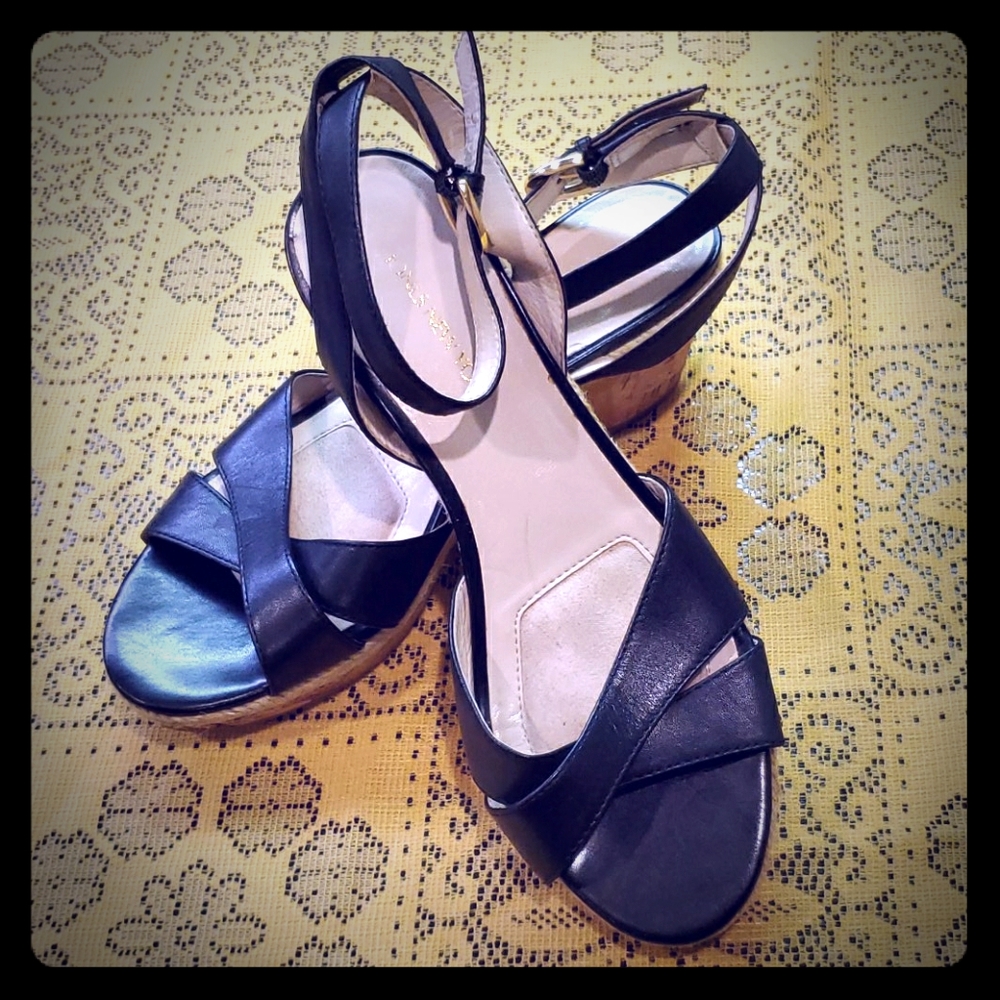 Jones new York strappy black cork wedge